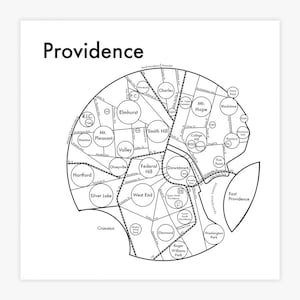 May include: A black and white map of Providence, Rhode Island, with the names of different neighborhoods labeled in circles.
