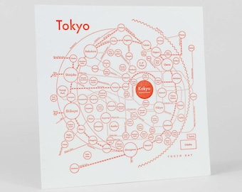 Tokyo, Japan City Map 8"x8" Letterpress Art Print in Red or Black