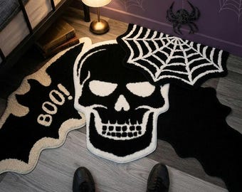 Gothic Halloween Teppich | Fledermaus, Schädel & Spinnennetz Bodenmatte | Schwarzes Gothic Zimmer Dekor | Ästhetischer Schlafzimmerteppich | Gruseliger Eingangsteppich