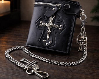 Cartera gótica con cadena y cruz, cartera plegable negra estilo punk, cartera emo rockera para hombre, idea de regalo gótica alternativa, juegos de llaveros con cruz
