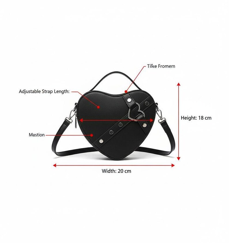 May include: Black heart-shaped handbag with an adjustable strap. The bag has a top handle and a silver-colored metal clasp. The bag is 20 cm wide and 18 cm high.