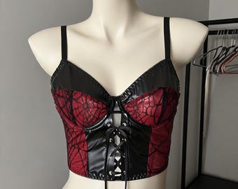 Rot & Schwarz Gothic Korsett Top Schnür-Bustier - Dark Feminine Alt Fashion, Grunge Ästhetischen Crop Top, Sexy Punk Clubwear