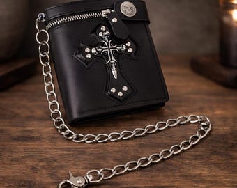 Cartera gótica con cadena y cruz, cartera plegable negra estilo punk, cartera emo rockera para hombre, idea de regalo gótica alternativa, juegos de llaveros con cruz