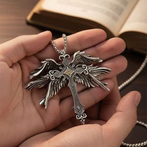 Może przedstawiać: Srebrny naszyjnik z wisiorkiem z motywem krzyża i szczegółowymi skrzydłami anioła. Krzyż ma bogaty wzór z małym, złotym środkiem. Naszyjnik trzymany jest w dłoniach osoby, z książką w tle.