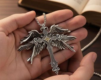 Collar con cruz de alas de ángel retro, amuleto cristiano gótico, colgante, ángel bíblico serafín punk
