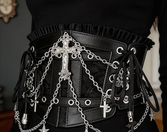 Cinturón gótico con cruz, cinturón corsé negro con cadenas, arnés de cintura punk grunge, atuendo de estética oscura, cinturón de moda alternativa