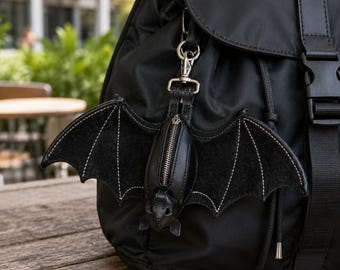 Handgefertigte Fledermaus Brieftasche Schlüsselanhänger Geldbörse Kreativität Halloween Fledermaus Anhänger Reißverschluss Echtleder Knopf Leder Fledermaus Brieftasche