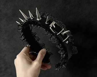 Diadema gótica de encaje con pinchos – Accesorio para el cabello punk grunge, diadema negra de encaje con pinchos, accesorio para el cabello gótico Y2K alternativo, regalo de estética oscura