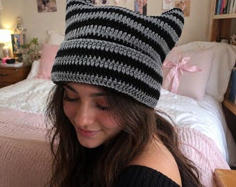 Gorro japonés informal con orejas de gato, gorro de lana tejido estilo punk gótico Y2K, gorros unisex Harajuku a rayas, ropa urbana para mantenerse abrigado