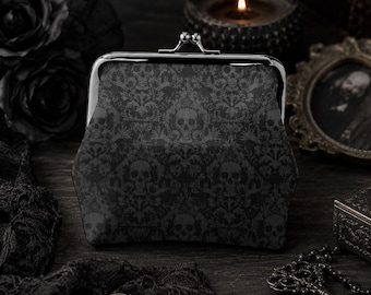 Gothic Totenkopf Damast Geldbörse, Schwarze Kiss Lock Mini Geldbörse, Vintage Accessoire Tasche