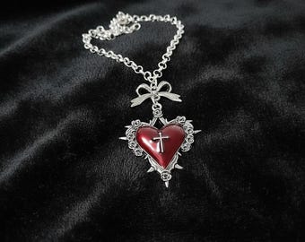 Collar gótico con cruz y corazón para mujer, gargantilla con lazo de rosa de zarzamora, joyería romántica oscura, regalo de San Valentín.