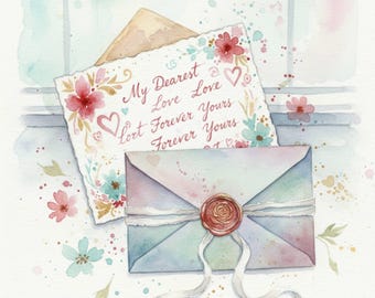 以下が含まれることがあります： 水彩イラスト。手紙と封筒があり、テキストは「My Dearest Love Love, Forever Yours, Forever Yours」と書かれています。封筒はワックスローズで封印され、白いリボンで結ばれています。「Digital Download」の文字が下にあります。