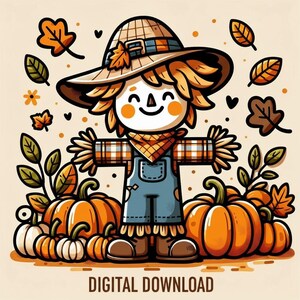 Pode incluir: Ilustração de desenho animado de um espantalho sorridente com chapéu xadrez, lenço e macacão, em frente a abóboras e folhas. A imagem tem um tema de outono com cores laranja, marrom e azul. O texto "DIGITAL DOWNLOAD" está na parte inferior.