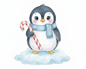 Watercolor Christmas Penguin Clipart | Candy Cane PNG (Digital Download)