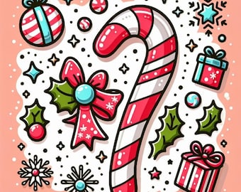 キャンディケーンのクリスマス クリップアート – お祝いムード満点のホリデー PNG (デジタルダウンロード)