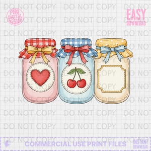 May include: Three decorative mason jars with lids and bows. The jars are pink, blue, and cream, each with a different design: a heart, cherries, and a blank label. The image includes the text "DO NOT COPY".