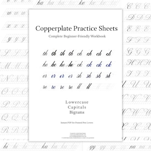 May include: A white workbook titled "Copperplate Practice Sheets" with calligraphy practice exercises. The workbook includes lowercase letters, capitals, and bigrams. The pages feature lines for practicing penmanship, ideal for pointed pen lovers.