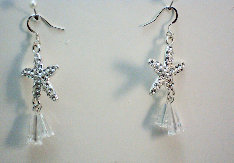 Rhinestone Starfish and Crystal Dangling Earrings Sterling Plated Wire Handmade 205