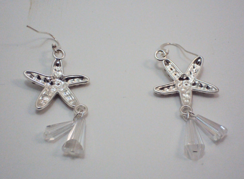Rhinestone Starfish and Crystal Dangling Earrings Sterling Plated Wire Handmade 205