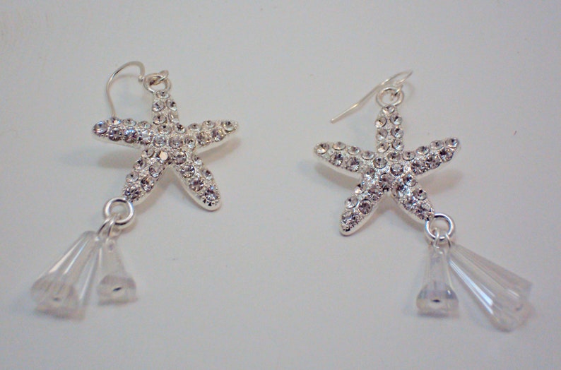 Rhinestone Starfish and Crystal Dangling Earrings Sterling Plated Wire Handmade 205