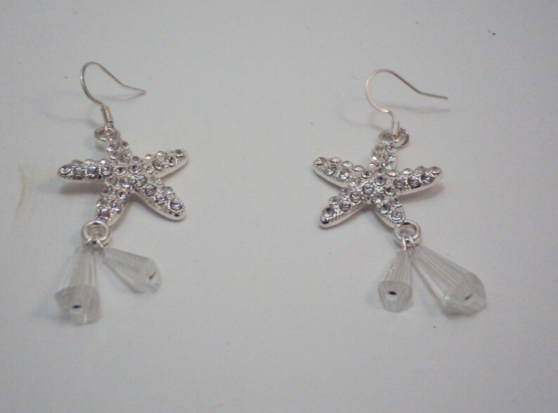 Rhinestone Starfish and Crystal Dangling Earrings Sterling Plated Wire  Handmade 205