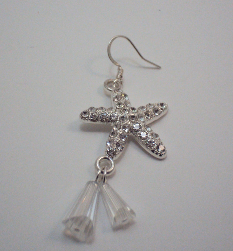 Rhinestone Starfish and Crystal Dangling Earrings Sterling Plated Wire Handmade 205