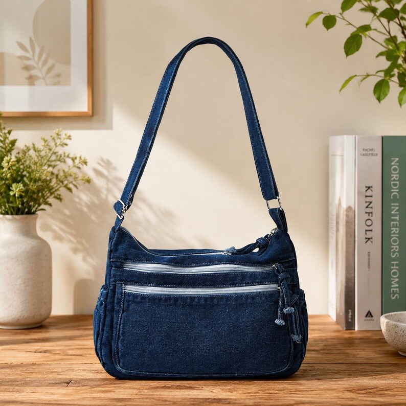 May include: A dark blue denim shoulder bag featuring a single adjustable strap, two horizontal zippered front pockets with silver-toned hardware, and side pockets. The bag has a structured rectangular base and a top zipper closure with knotted pulls.