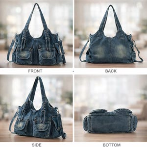 May include: A blue denim handbag with multiple pockets and a shoulder strap. The bag has a distressed look, with visible wear and tear on the fabric. The bag has two front pockets and two side pockets.