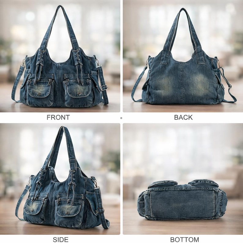 May include: A blue denim handbag with multiple pockets and a shoulder strap. The bag has a distressed look, with visible wear and tear on the fabric. The bag has two front pockets and two side pockets.