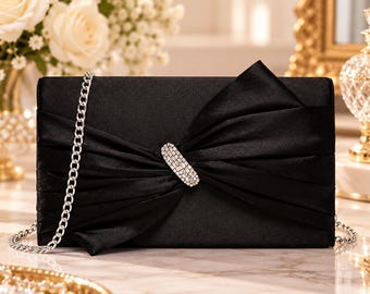 Black Satin Bow Evening Clutch, Rhinestone Clutch Purse, Formal Handbag, Satin Purse, Chain Strap, Wedding Guest Prom Cocktail Party Bag