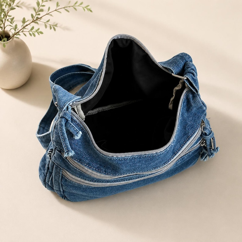 Y2K Denim Cargo Shoulder Bag, Large Washed Denim Crossbody Handbag, Vintage Multi Pocket Jean Tote Bag,Casual Lightweight Purse Gift for Her image 2