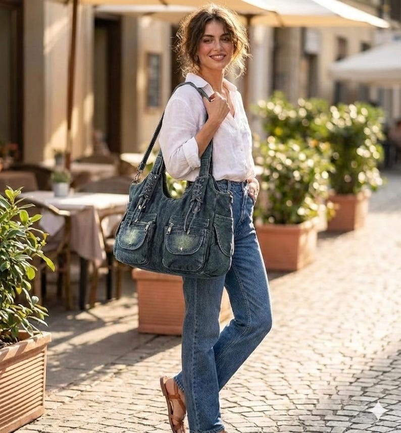 May include: A denim tote bag with multiple front pockets and a shoulder strap. The bag is a faded blue color and has a casual, worn look. The person is wearing blue jeans and a white shirt.