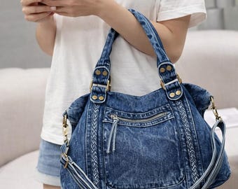 Handmade Denim Tote Bag for Women, Aesthetic Blue Jean Shoulder Bag, Large Crossbody Denim Purse, Gift for Her, Boho Y2K Style Vintage Bag