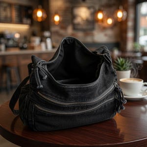 May include: A black canvas hobo bag featuring a spacious open main compartment, two horizontal zippered front pockets with matching fabric pull tabs, and a wide shoulder strap. The bag has a soft, unstructured silhouette and a dark fabric lining.