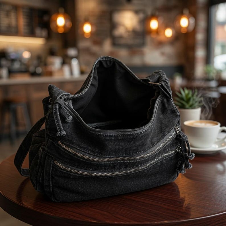 May include: A black canvas hobo bag featuring a spacious open main compartment, two horizontal zippered front pockets with matching fabric pull tabs, and a wide shoulder strap. The bag has a soft, unstructured silhouette and a dark fabric lining.