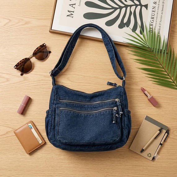 Y2K Denim Cargo Shoulder Bag, Large Washed Denim Crossbody Handbag, Vintage Multi Pocket Jean Tote Bag,Casual Lightweight Purse Gift for Her