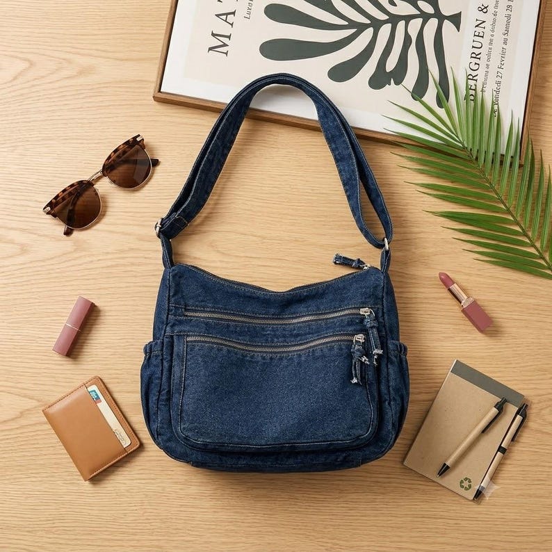 May include: A dark blue denim crossbody bag featuring a single shoulder strap, two front zippered pockets with silver-toned hardware, and side pockets. The bag is constructed from durable denim fabric with visible stitching and matching zipper pulls.