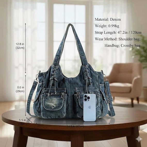 Upcycled Y2K Denim Hobo Bag, Multi Pocket Jean Tote, Sustainable Boho Crossbody Purse, Handmade Washed Denim Travel Bag, Gift for Her
