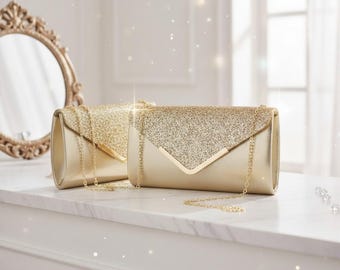 Glitter Evening Clutch Bag for Women, Elegant Formal Purse for Wedding Guest, Sparkling Prom Handbag with Chain Strap, Bridal Party Gift
