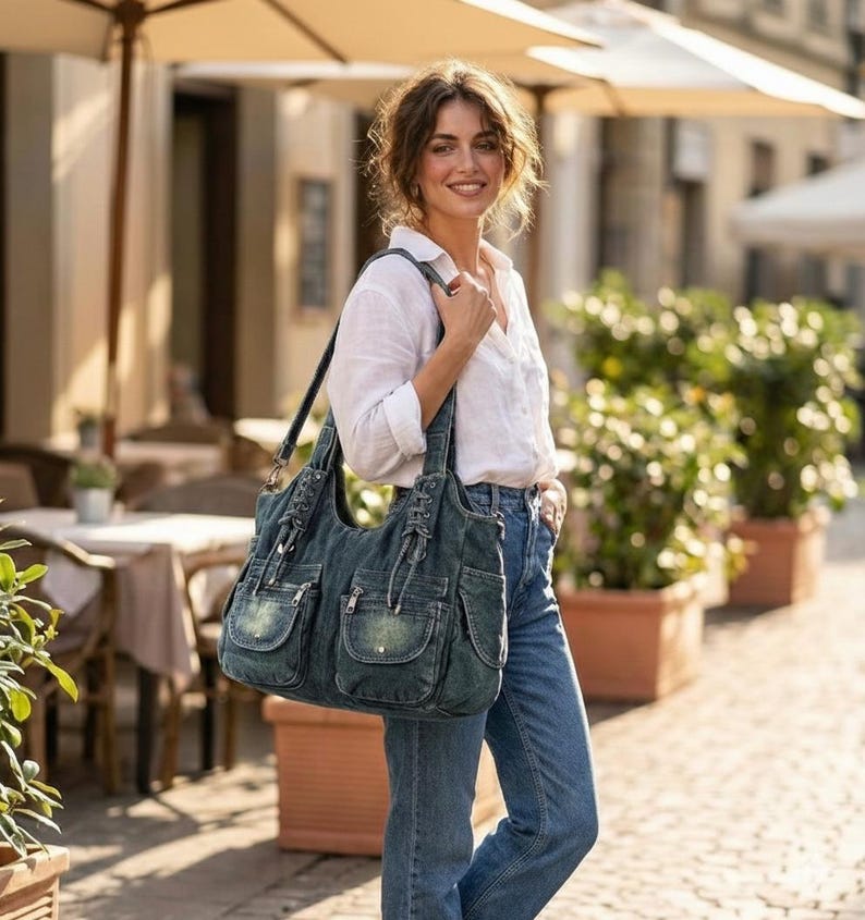 May include: A denim shoulder bag with multiple pockets and a long strap. The bag is a faded blue color and has decorative stitching. The bag is being carried by a person wearing a white shirt and blue jeans.
