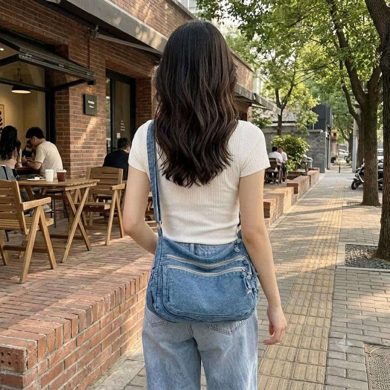 May include: A medium-wash blue denim crossbody bag with multiple zippered compartments and a matching denim shoulder strap, worn over a white ribbed short-sleeve top and light-wash blue denim jeans, viewed from the back.