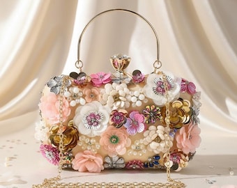 Elegant Floral Evening Clutch with Chain Strap- Gold Bridal Purse, Luxury Women's Handbag for Weddings, Prom & Formal Events-Valentine's Day
