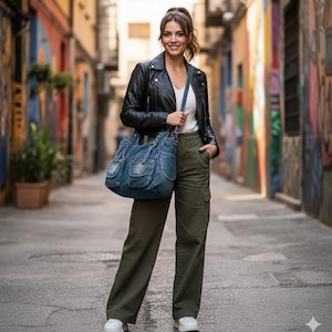 May include: A woman wearing a black leather jacket, white top, and olive green cargo pants. She carries a large denim handbag with multiple pockets. White sneakers complete the outfit. The background is a colorful alleyway with graffiti art.