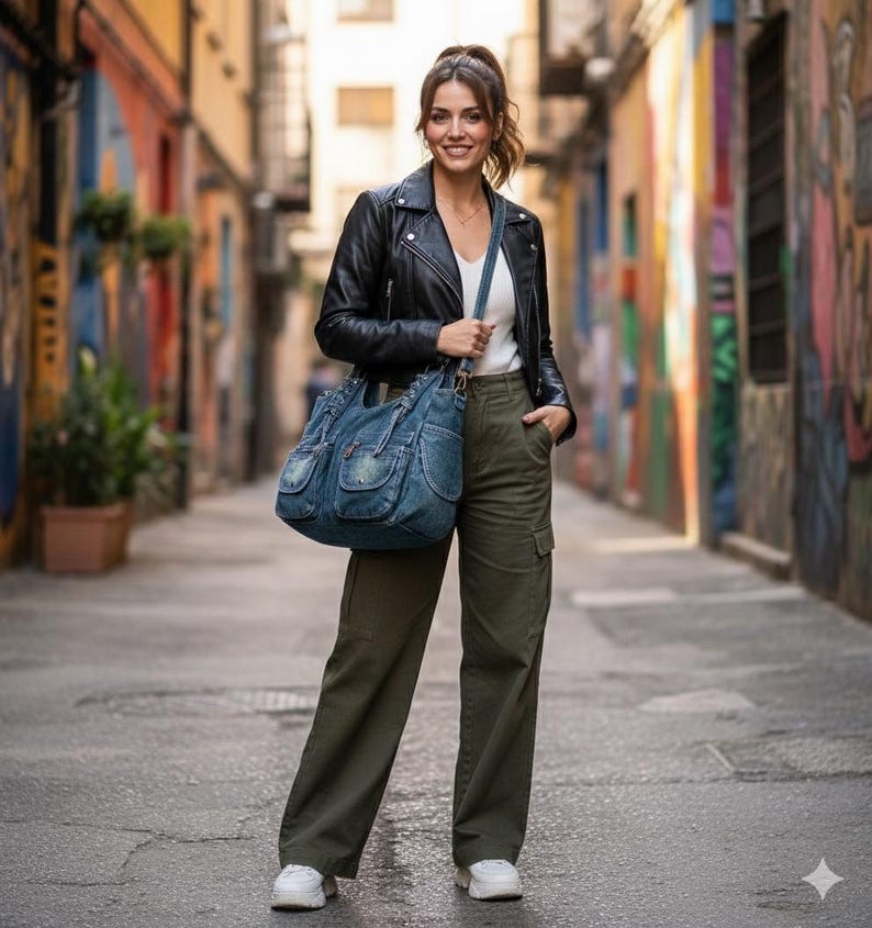 May include: A woman wearing a black leather jacket, white top, and olive green cargo pants. She carries a large denim handbag with multiple pockets. White sneakers complete the outfit. The background is a colorful alleyway with graffiti art.
