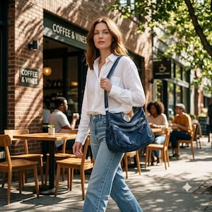 May include: A dark blue denim crossbody bag with multiple zippered compartments and a long adjustable shoulder strap, worn over a white button-down shirt and light blue denim jeans.