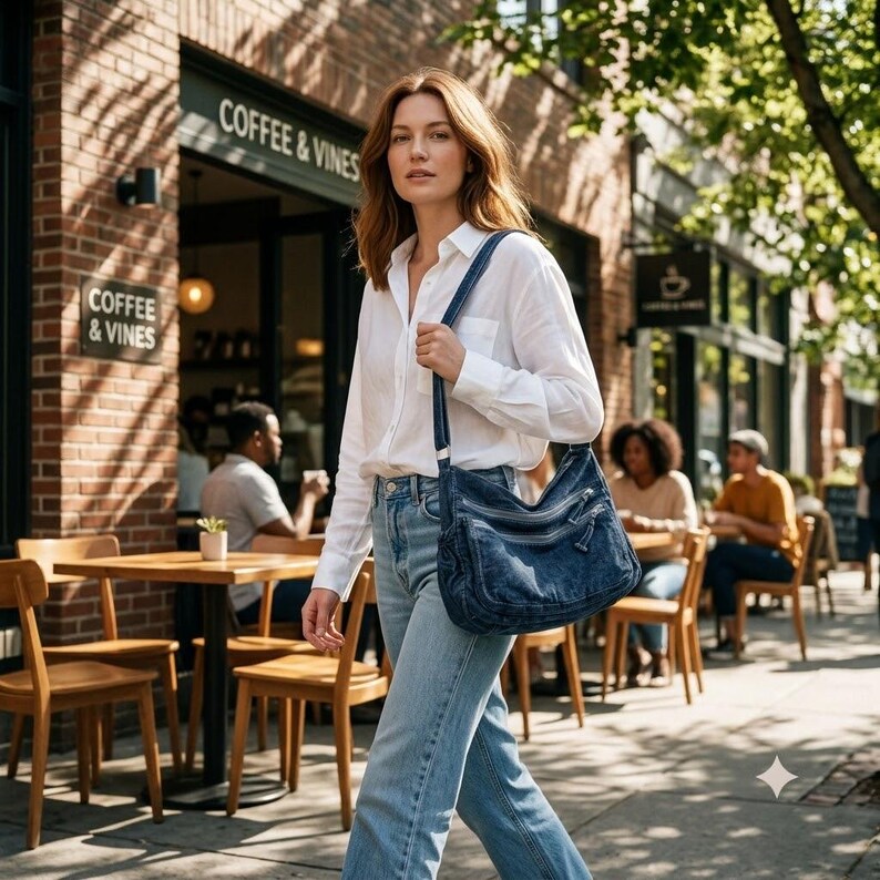 May include: A dark blue denim crossbody bag with multiple zippered compartments and a long adjustable shoulder strap, worn over a white button-down shirt and light blue denim jeans.
