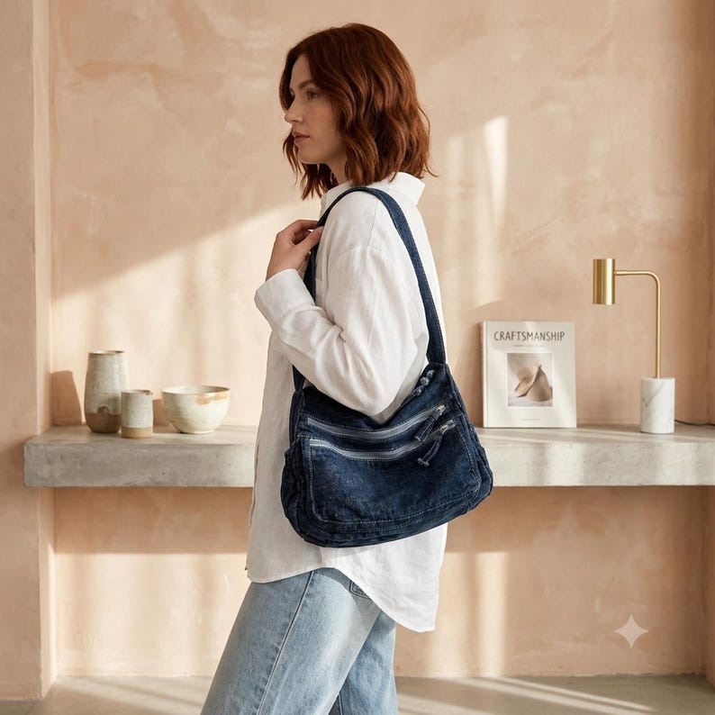 May include: A dark blue denim shoulder bag featuring a slouchy silhouette, a wide adjustable strap, and two horizontal front zippered pockets with matching blue zipper pulls. The bag is constructed from textured denim fabric with visible stitching.