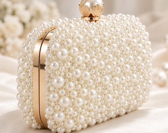 Faux Pearl Clutch Purse, Wedding Guest Evening Bag, Detachable Chain Shoulder Bag, Prom Clutch, Bridesmaid Handbag, Cocktail Party Bag
