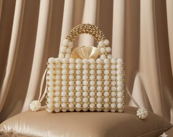 Handmade Pearl Beaded Evening Handbag, Top Handle Purse with Inner Bag & Dust Bag, Luxury White Bridal Purse for Wedding and Party