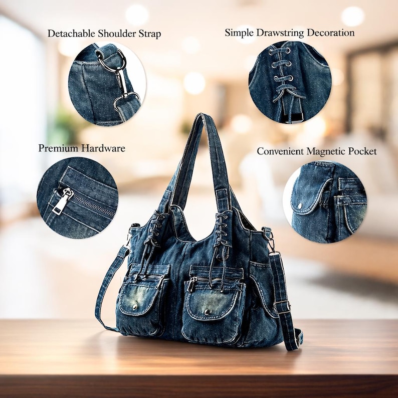 May include: A denim handbag with a detachable shoulder strap, drawstring decoration, and multiple pockets. The bag features premium hardware and a convenient magnetic pocket. The bag is sitting on a wooden surface.